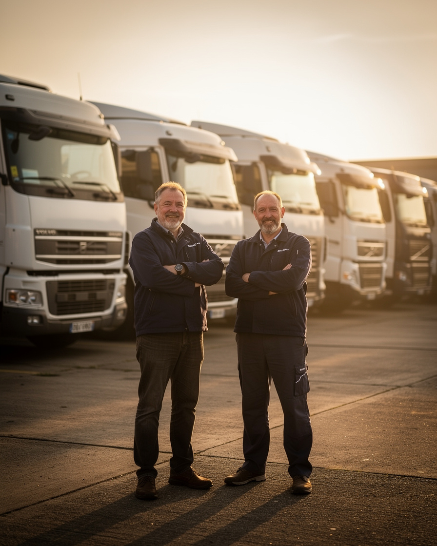 Deux dirigeants devant des camions au lever du jour