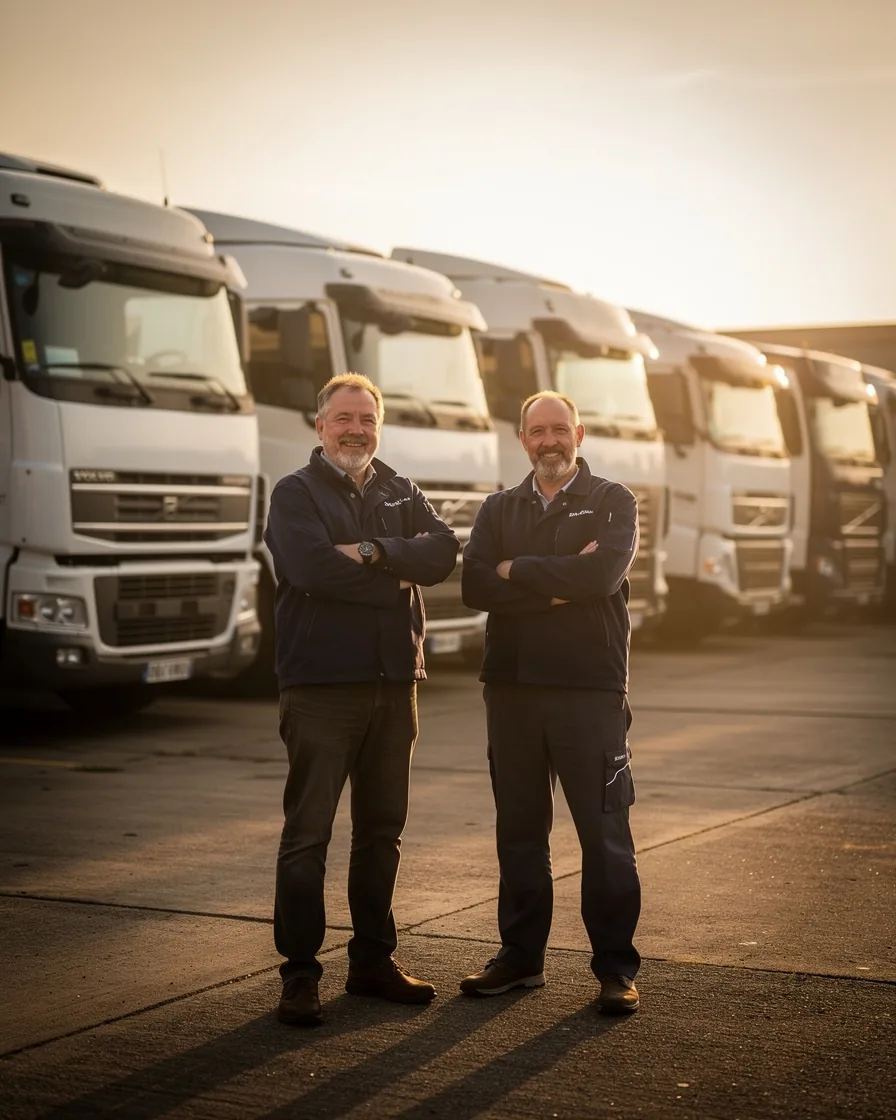 Image de démonstration : deux dirigeants devant des camions au lever du jour