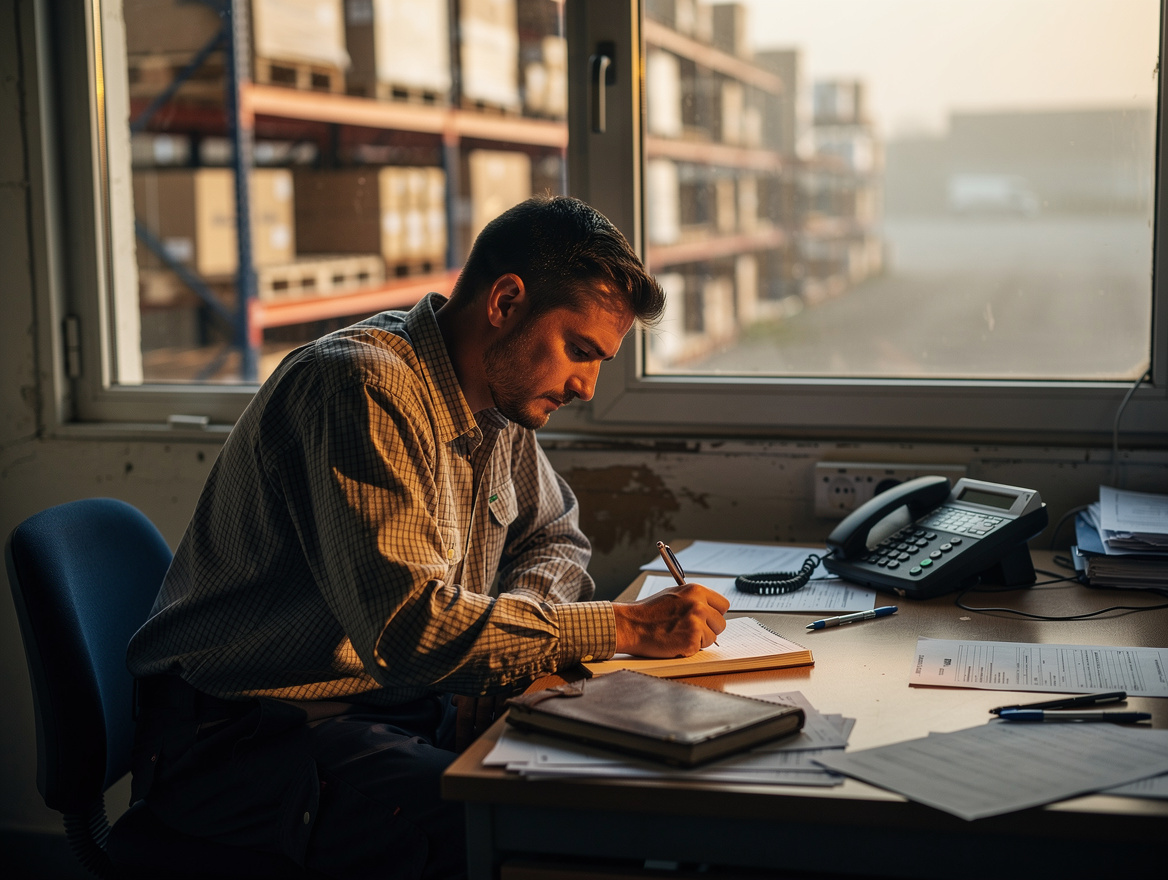Affréteur à son bureau au lever du jour, bloc-notes et téléphone, entrepôt derrière la vitre