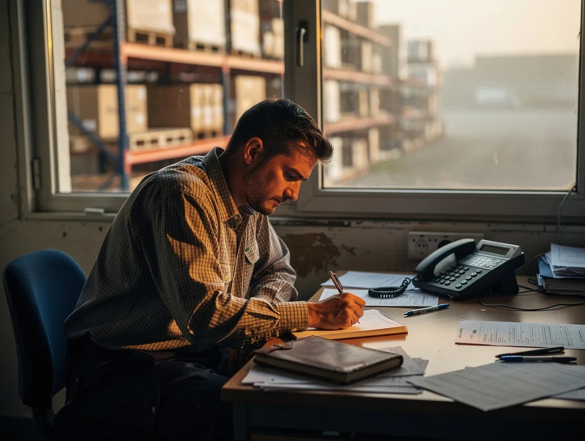 Affréteur à son bureau au lever du jour, bloc-notes et téléphone, entrepôt derrière la vitre