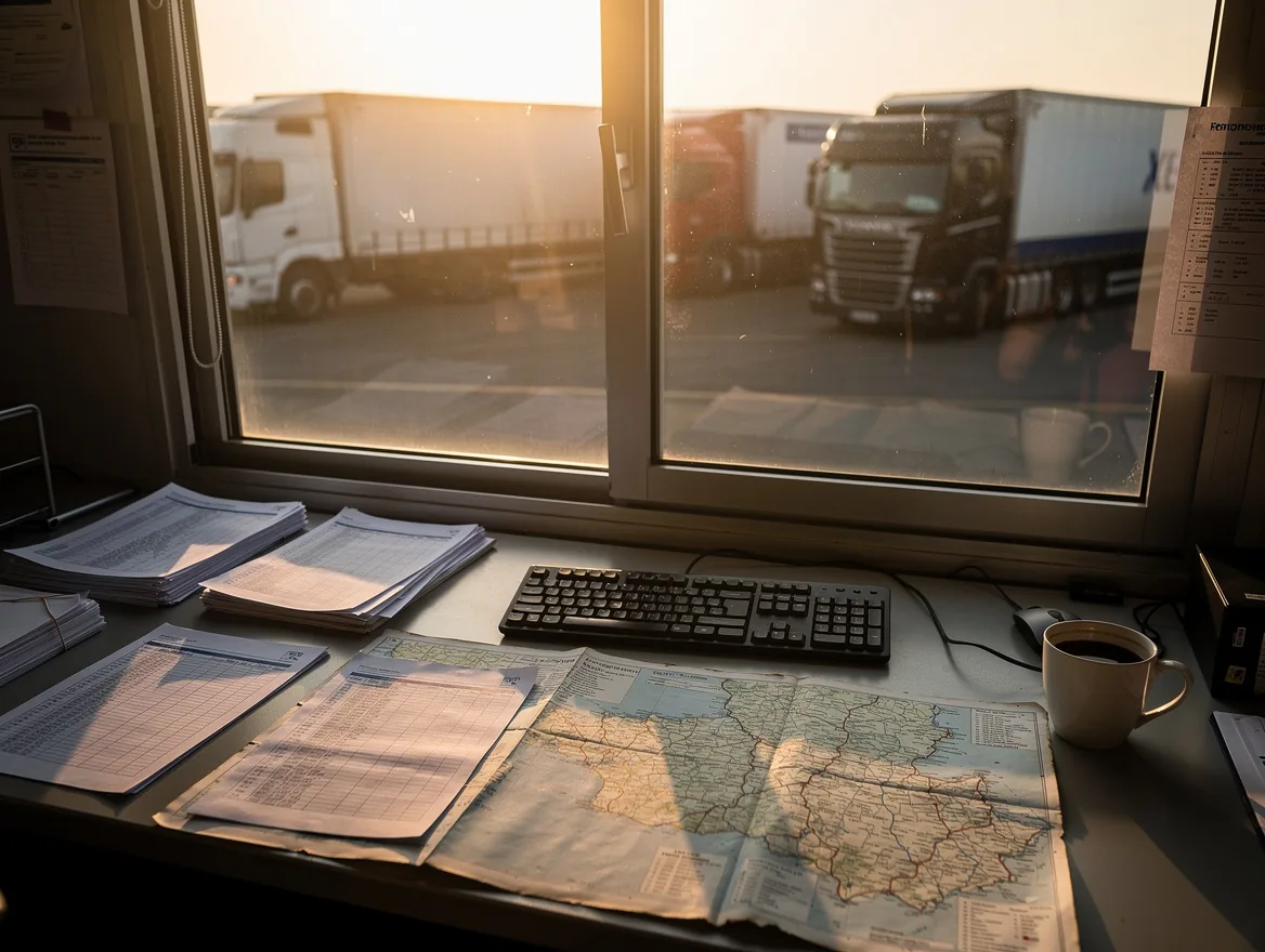 Bureau d’exploitation à l’aube avec plannings imprimés et clavier, vitre donnant sur la cour