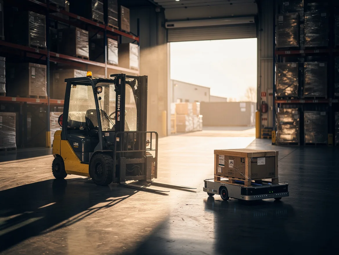 Entrepôt à l’aube avec un chariot élévateur et un robot mobile près des portes de quai