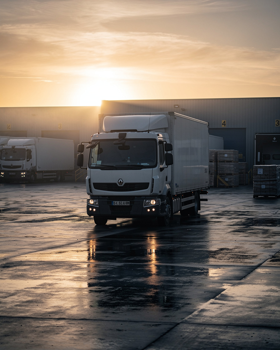 Camion seul sur une cour mouillée, phares allumés, au lever du soleil