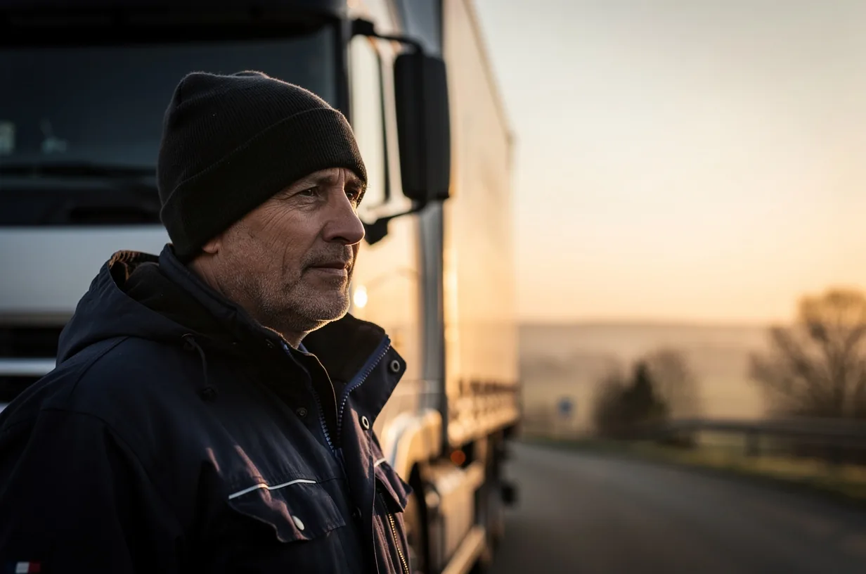 Chauffeur au bonnet devant son camion, au lever du jour